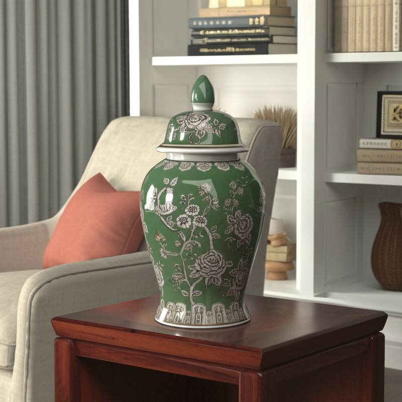 Decorative Bird and Flower Temple Jar with Lid