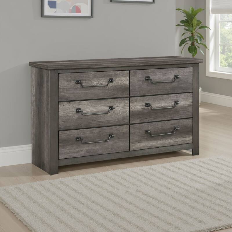 Nemy 59 Inch Dresser, 6 Drawers, Gray Melamine Board, Drop Handles