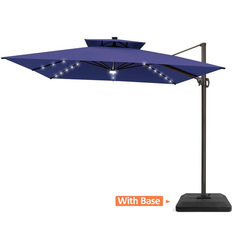 VredHom 11X11 FT Outdoor Square Cantilever Patio Umbrella Aluminum Solar LED Light with HDPE Base