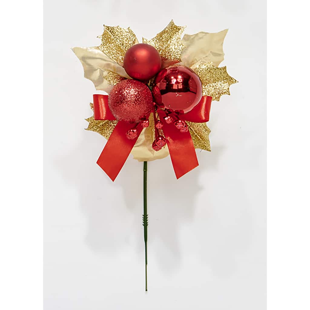 7" Christmas Ball Berry Leaves Pick, Red, Set of 12 - 7