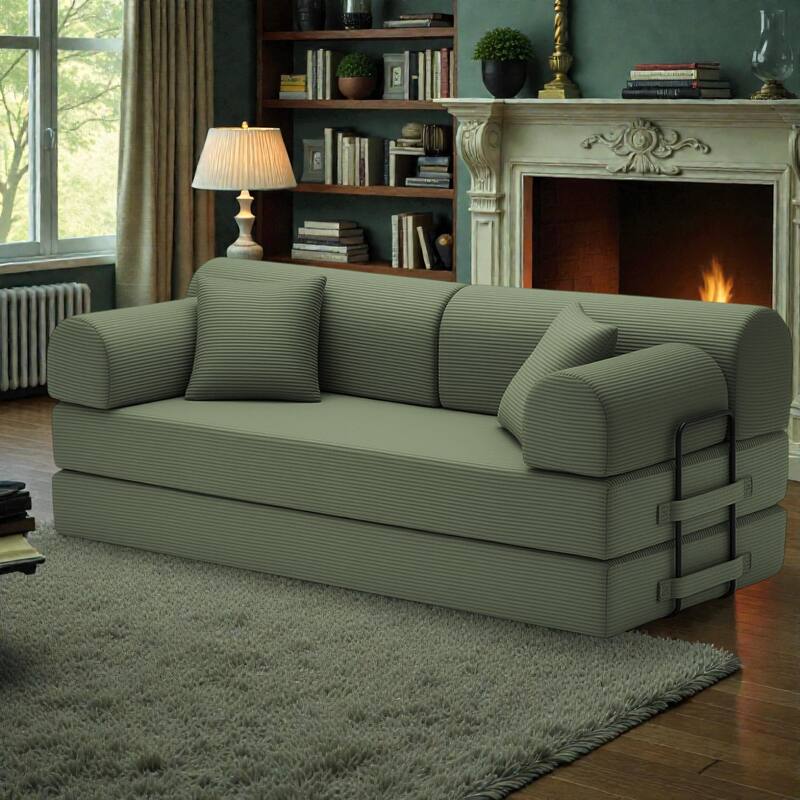 Convertible Sleeper Sofa Bed, 4-in-1 Corduroy Folding Floor Couch with Cylindrical Pillow, 2-Seat Space-Saving Lounge Sofa - Grayish Green