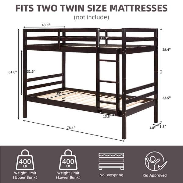 dimension image slide 0 of 4, Twin Bunk Bed,Wooden,High Guardrail,Ladder,Kids Teens,Dorm Guest