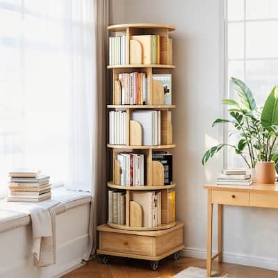 6 Tier Rotating Bookshelf, 360° Display Round Spinning Bookshelf with Wheels and Drawer, Space-Saving