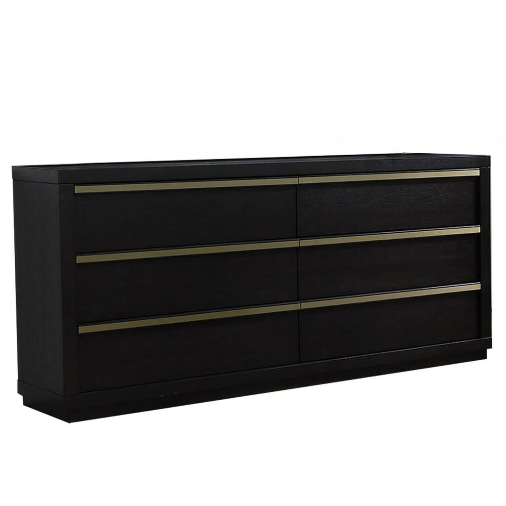 6 Drawers Wooden Frame Dresser with Metal trim, Dark Brown and Gold