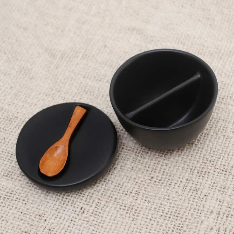 Novica Handmade Midnight Meal Ceramic And Teak Wood Condiment Set (3 Pcs)