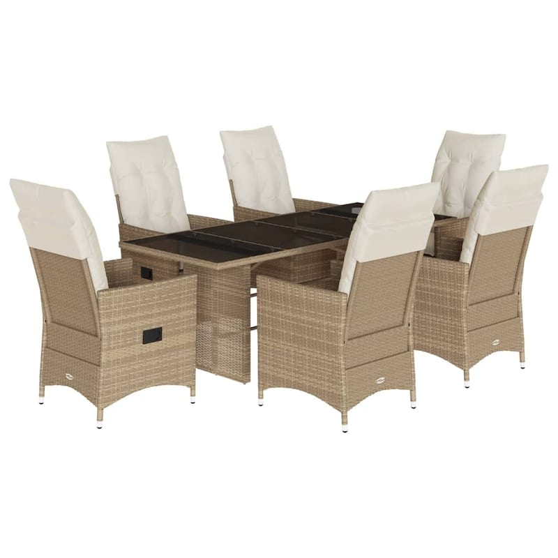vidaXL 7 Piece Patio Dining Set with Cushions Beige Poly Rattan - 74.8" x 31.5" x 29.5"