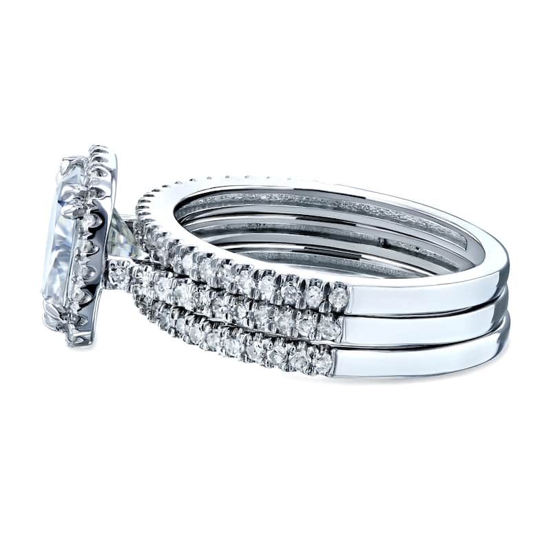 Kobelli 2.5 Carats Moissanite & Natural Diamond 14k Solid Gold Raised Cushion Halo Eternity Bands Capri 3pc Bridal Set