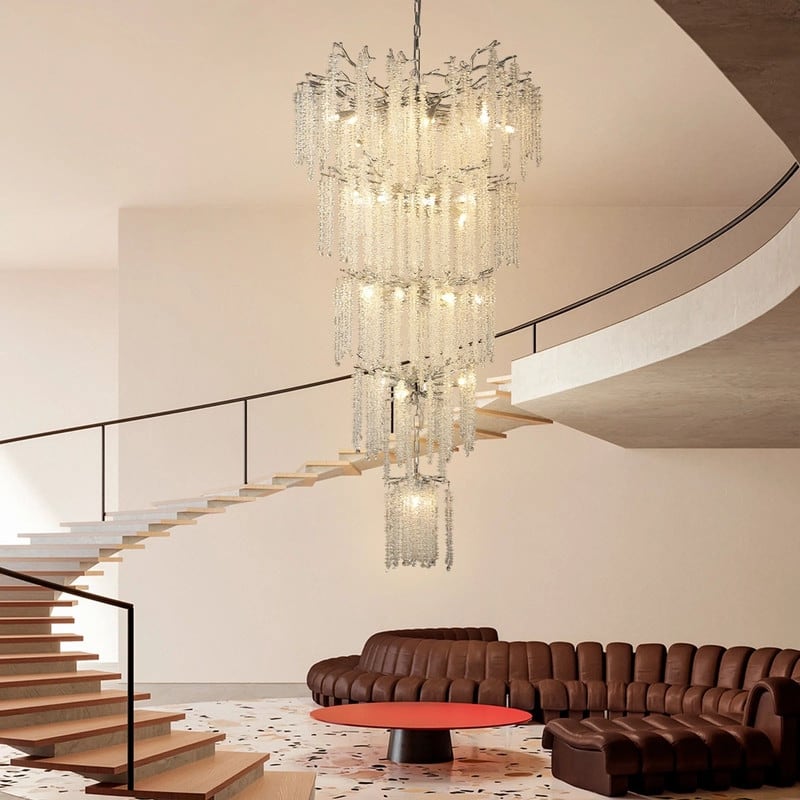 KAYLA 28-Lights Crystal Staircase Chandelier, Indoor Pendant Light, 118'' Modern High Ceiling Light, Height Adjustable - N/A