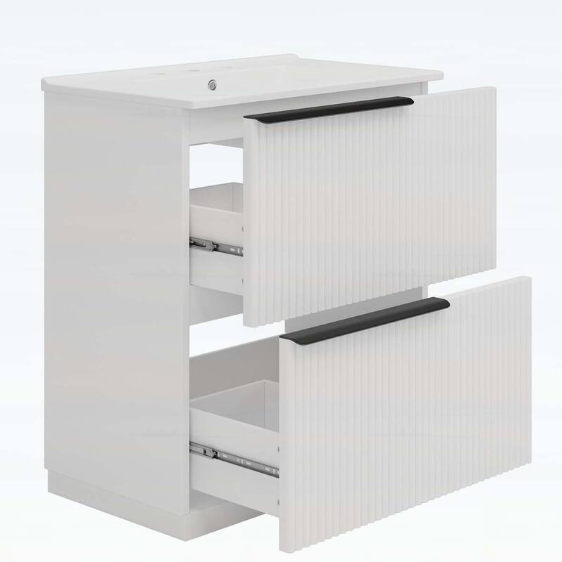 30 Inch Freestanding Bathroom Vanity with Ceramic Sink,Full-Extension Drawers,and Fluted Design