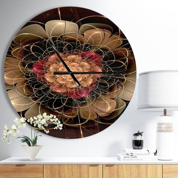 slide 2 of 10, Designart 'Dark Gold Red Fractal Flower Pattern' Oversized Floral Wall CLock 23 in. wide x 23 in. high