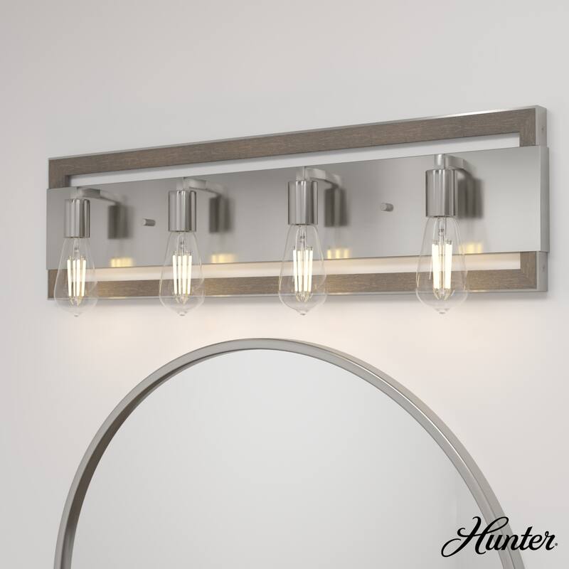 Hunter Woodburn Vanity Wall Light - Modern Farmhouse, Transitional, Rustic - Damp Rated! - 33" - 4 Light - Brushed Nickel