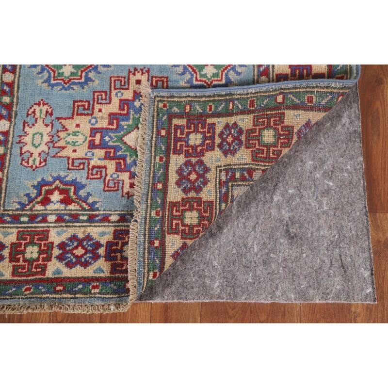 Hand Knotted Oriental 100% Wool Carpet Traditional Geometric Navy Blue & Blues Kazak Area Rug - 6' 4'' X 2' 9''