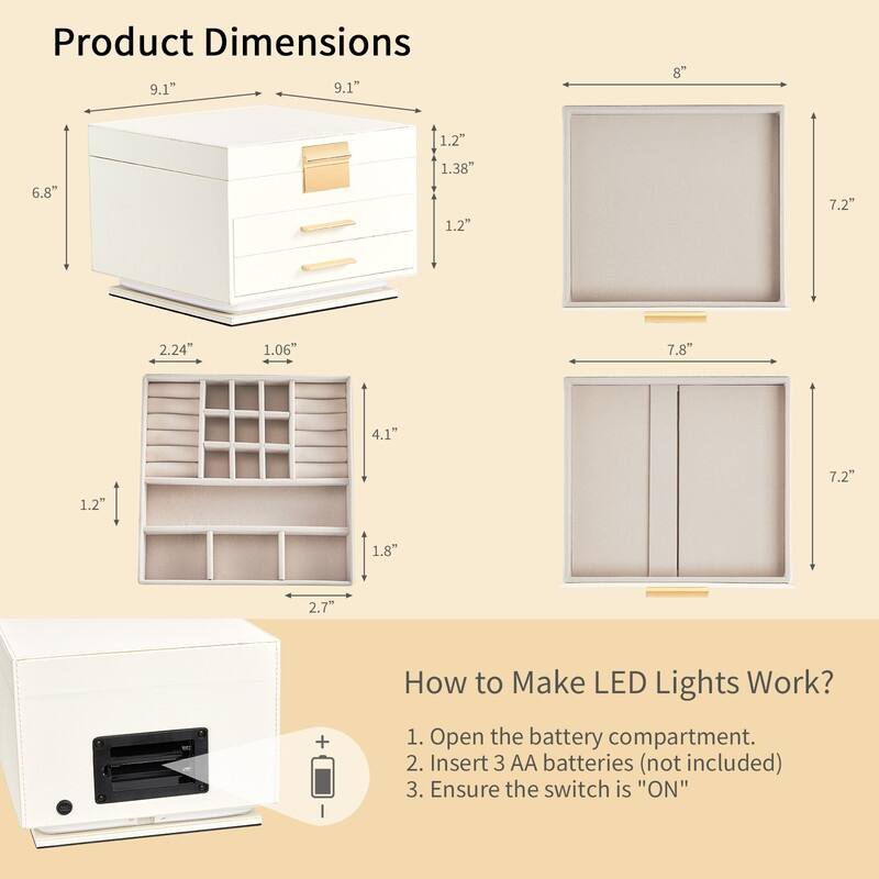 FCH with Tri-color Mirror Light 2 Drawers Bottom with Ambient Monochrome Strip White Cabinet Pink Velvet Jewelry Box