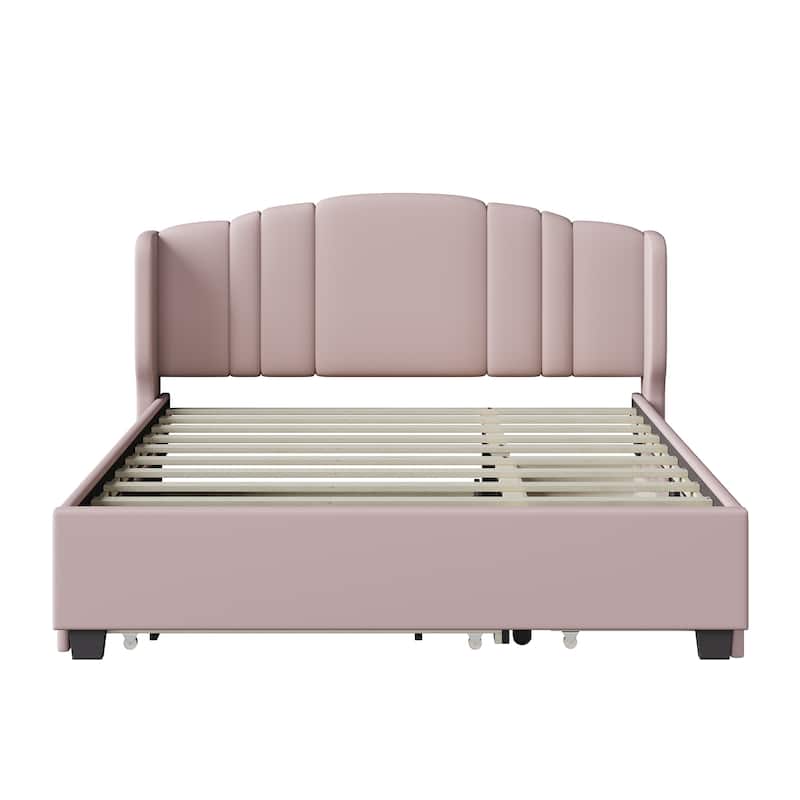Upholstered Platform Bed with Wingback Headboard, Twin Trundle and 2 Drawers