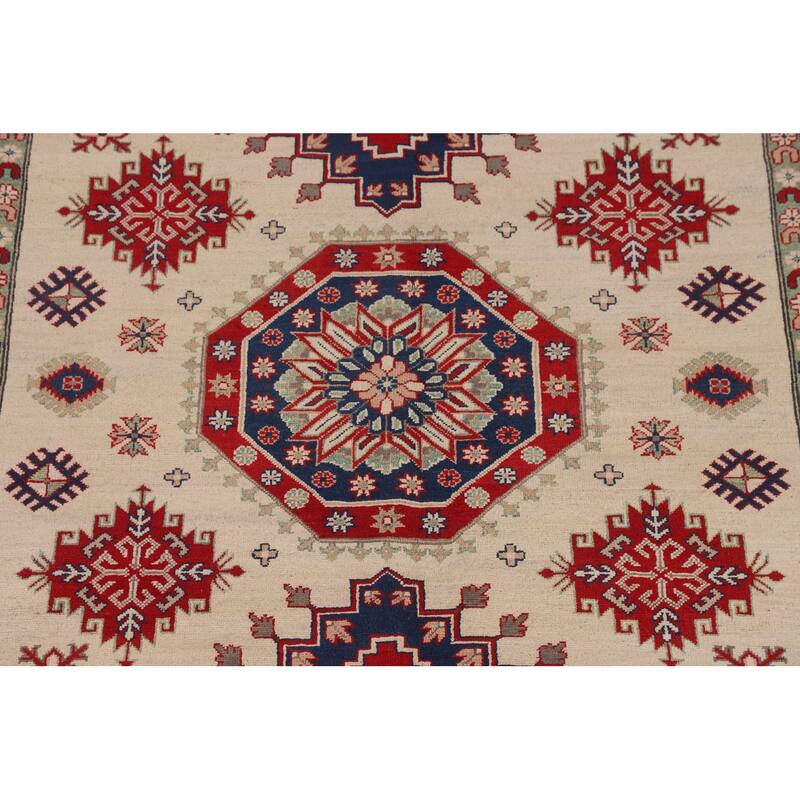Geometric Kazak Area Rug Hand-Knotted Beige Oriental Wool Carpet - 6'9" x 9'9"
