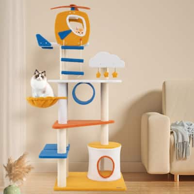 70 Inch Tall Aviation-themed Cat Tree with Helicopter Top Perch and Platforms-Yellow - Multi
