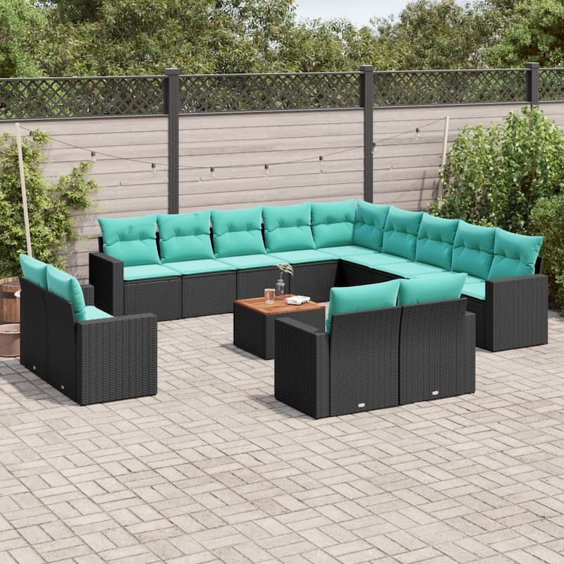 vidaXL 14 Piece Patio Sofa Set with Cushions Gray/Black Poly Rattan - 24.4" x 24.4" x 27.2" - Black and blue