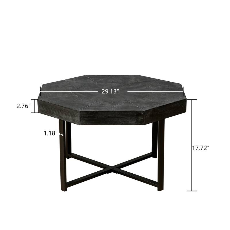 Octagonal Retro Patchwork Farmhouse Coffee Table with Wooden Tabletop Cross Metal Legs, for Living Room Antique Brown