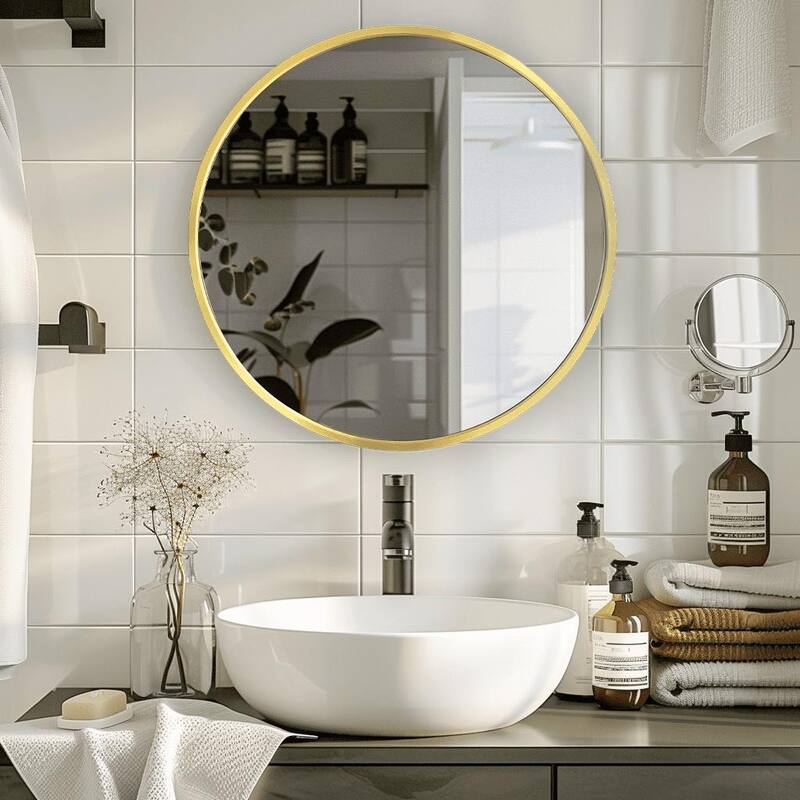 Metal Framed Wall-Mount Bathroom Medicine Cabinet with Mirror, Large Storage Space, Black Iron Powder Material - 24x24 inch - Black and gold + Iron