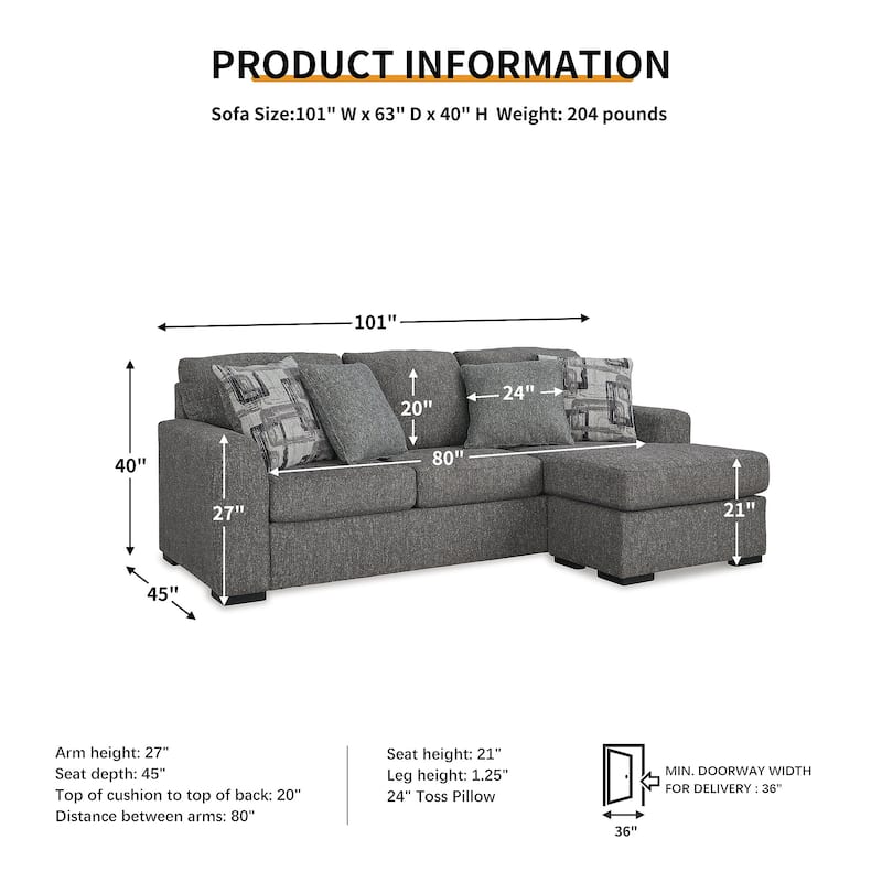 Signature Design by Ashley Gardiner Pewter Sofa Chaise - 101"W x 63"D x 40"H