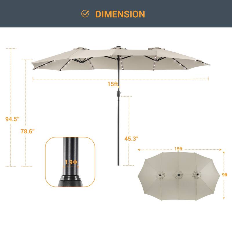 Livoosun 15×9FT LED Double-sided Patio Umbrella with BASE UPF50+ and Handle, and Wind-Resistant Design