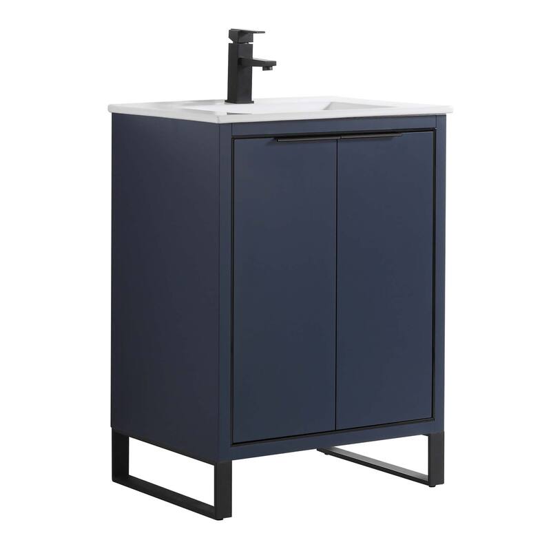 Fine Fixtures Opulence Collection Bathroom Vanity with White Ceramic Sink - 24 Inch - Navy Blue - Black Hardware