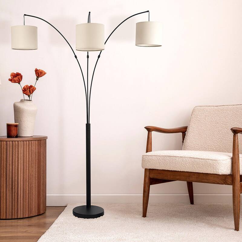 Modern 3-Arm Curved Metal Floor Lamp with Linen Shade - Oil-Rubbed Bronze