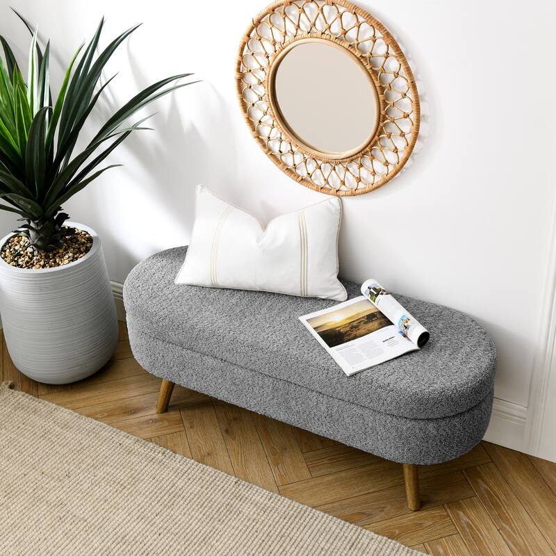 Oval Storage Ottoman Bench, Decorative End of Bed Bench 43.5 Inches Upholstered Storage Ottoman with Solid Wood Legs