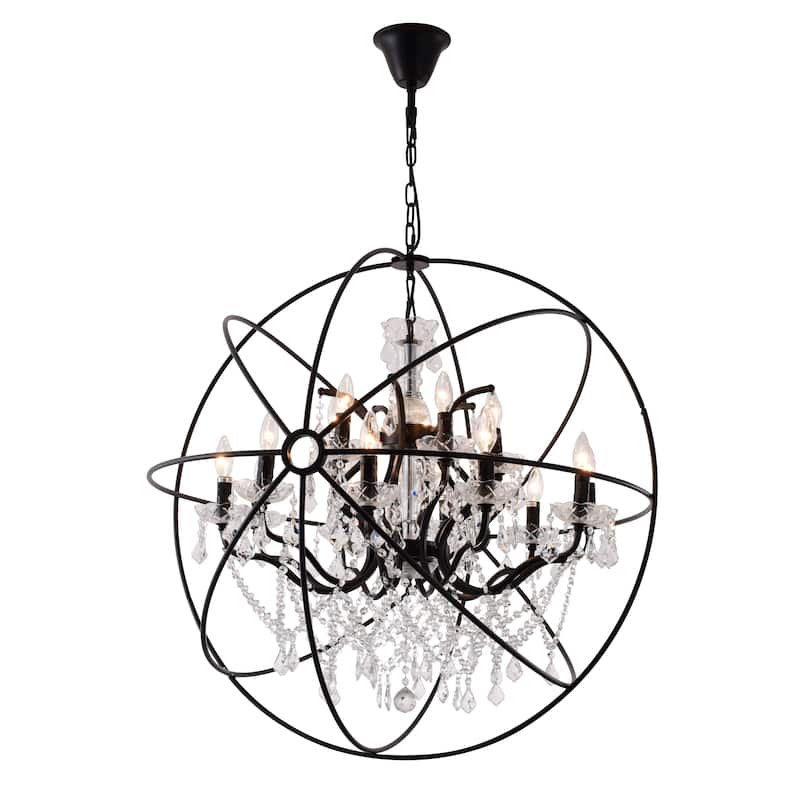 15-Light Black Cage Chandelier With Clear Hanging Crystals
