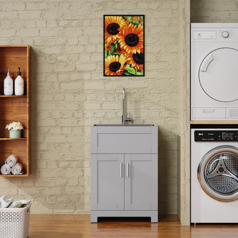 White Bathroom Vanity Cabinet Combo, 24 Inches, Ceramic Sink, Two-Door Storage, Easy Assembly - 23.7in L MDF - 23.7in L Gray