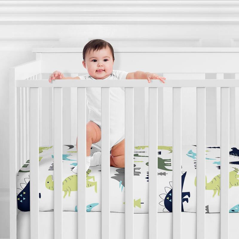 Mod Dino Collection Boy Cotton Fitted Crib Sheet Navy Blue Green Grey