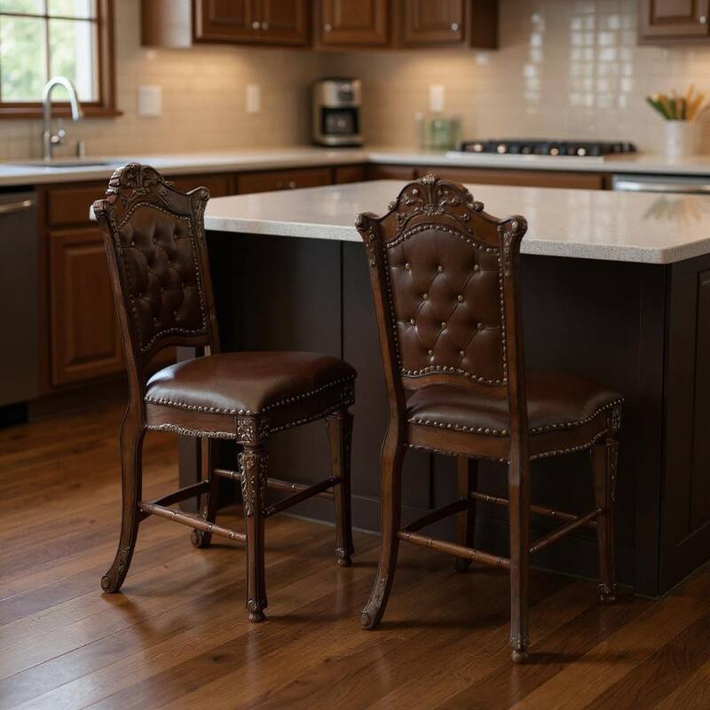 HomeRoots Set of Two 24" Brown Faux Leather and Solid Wood Counter Height Bar Chairs - Counter Height - Brown - Set of 2