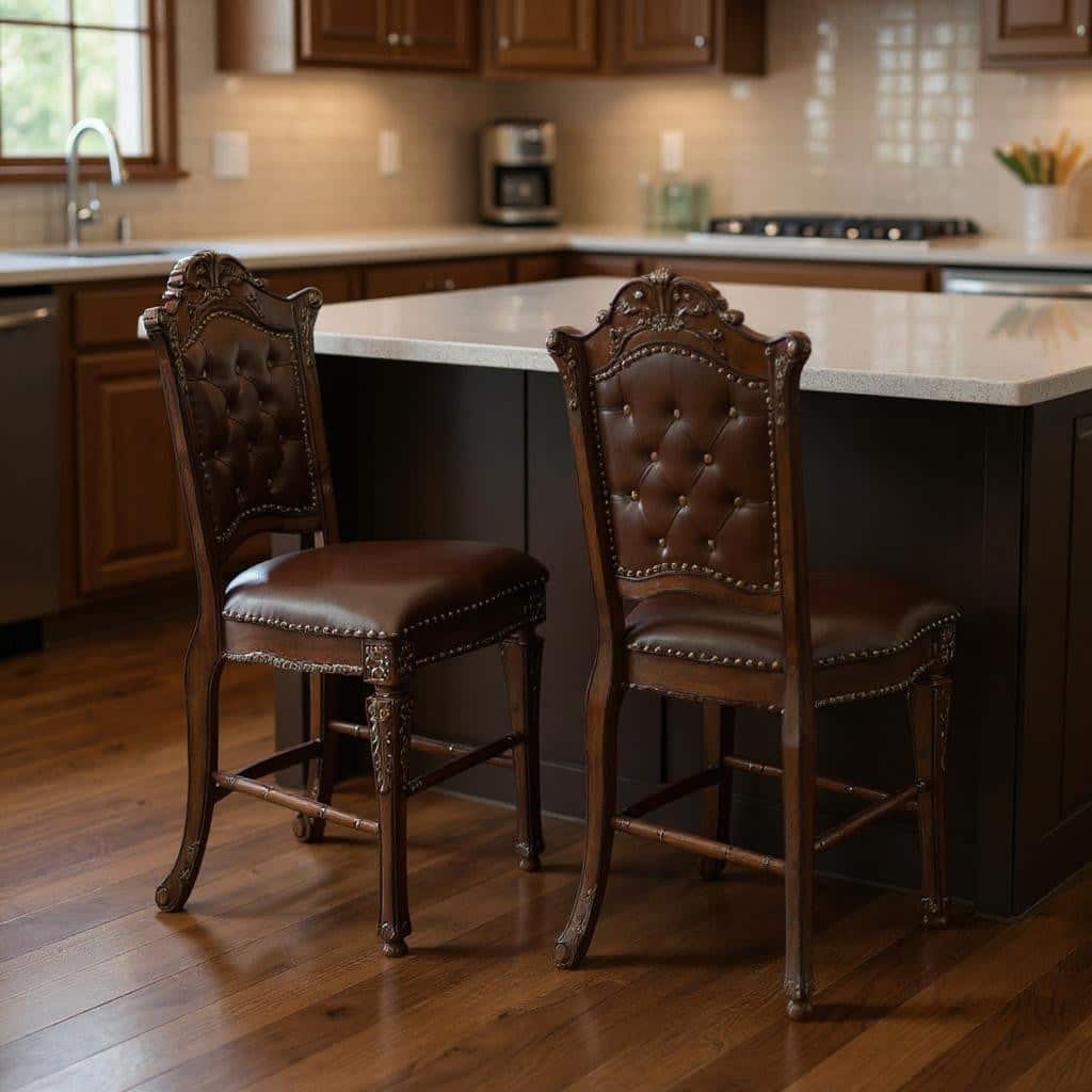 HomeRoots Set of Two 24" Brown Faux Leather and Solid Wood Counter Height Bar Chairs