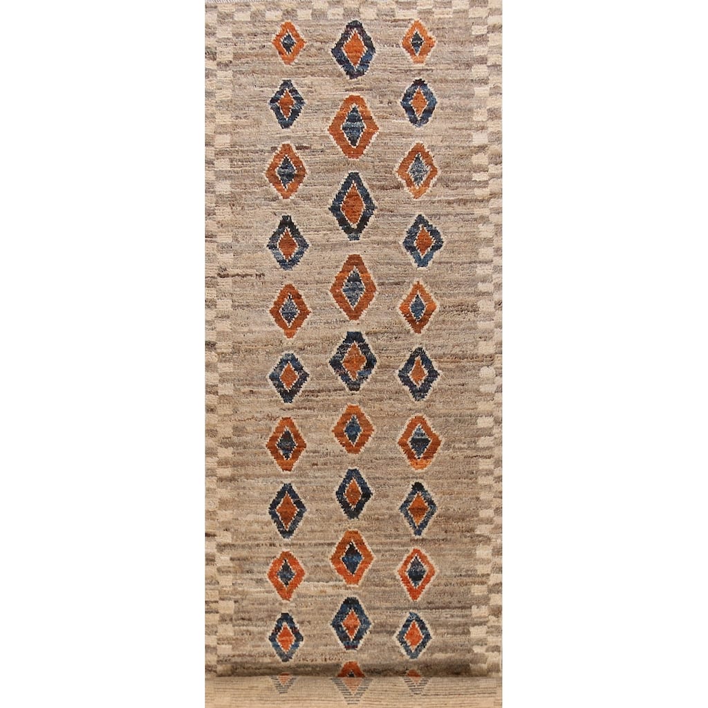 Geometric / Tribal Moroccan Oriental Runner Rug Handmade Wool Carpet - 3'8" x 15'4"