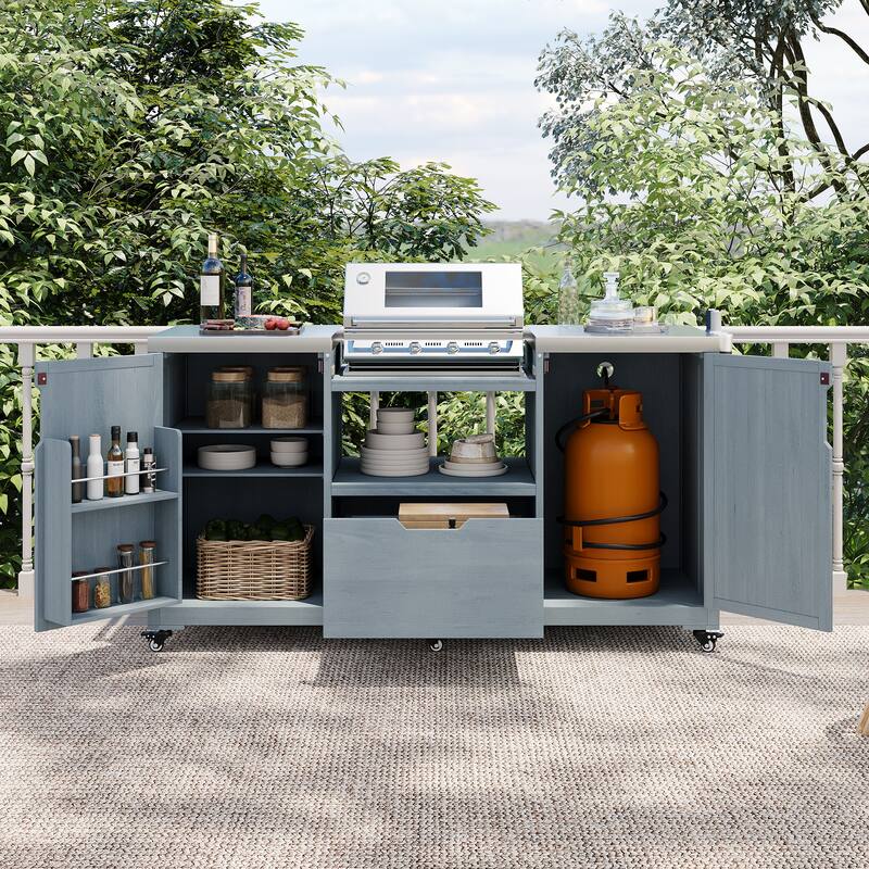 66.5" Kitchen Island Grill Cart for Big Green Egg & Kamado Joe, Solid Wood Cart with Stainless Steel Top, Drawer for Dining Room