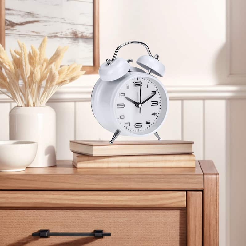 Old Fashioned Circle Loud Alarm Clock with Night Light Battery Operated for Heavy Sleepers Adults 6.7 x 3.9 x 2 inch - White