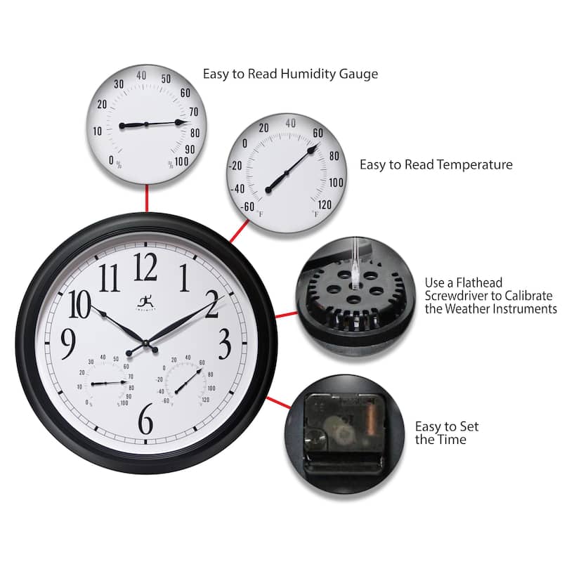 Classic Outdoor Large 24-inch Easy Read Black Outdoor Wall Clock with Temperature Humidity - 24 x 2.5 x 24