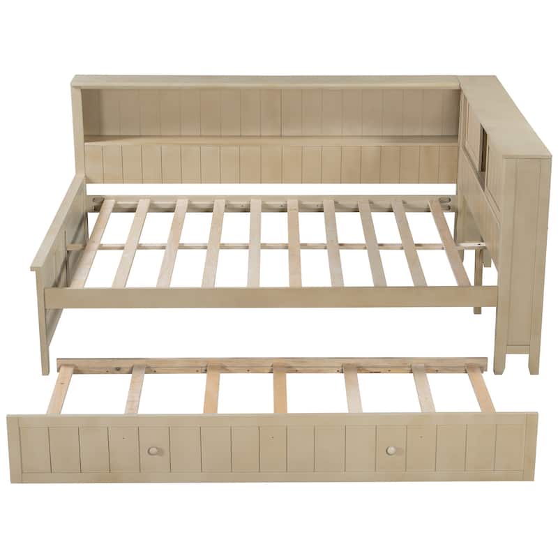 Full Size L Shaped Daybed with Twin Trundle, Wood Sofa Bed Frame with Storage Shelves and Slats Support, No Box Spring Needed