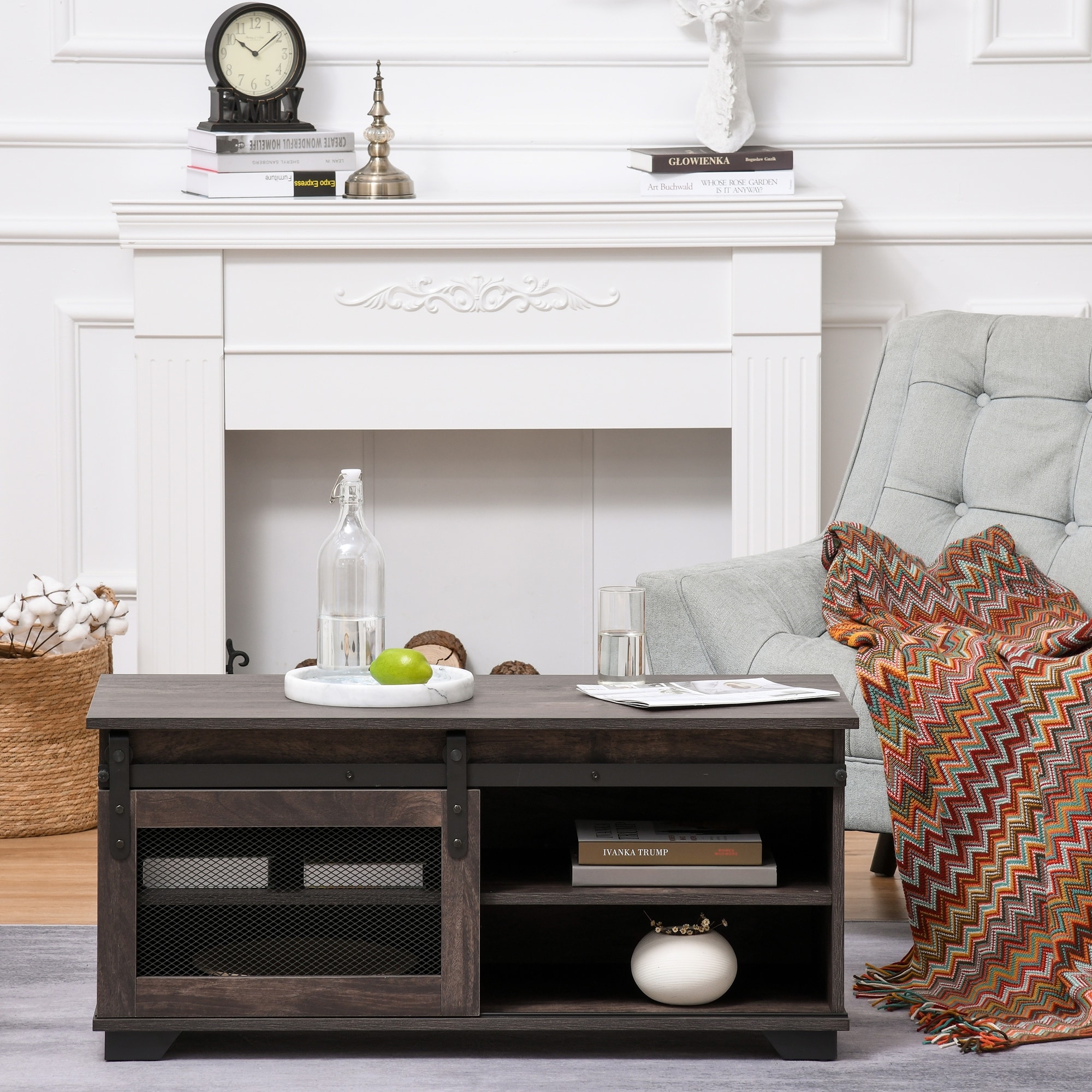 HOMCOM Farmhouse Coffee Table with Sliding Mesh Barn Door, Storage Cabinet, and Adjustable Shelves, Dark Brown