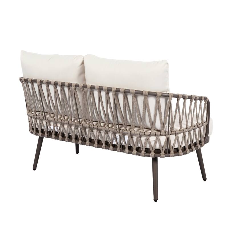 Roomfitters 4-Piece Outdoor Patio Conversation Set with Woven Rope Backrest, Cushions and Metal Frame Chairs