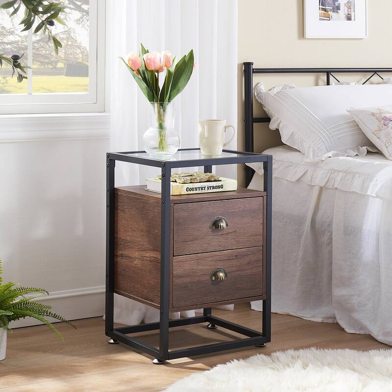 Javlergo Tempered Glass Top Nightstand with 2-Drawer and Open Shelf