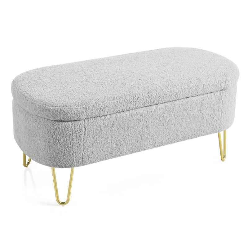 Oval Storage Bench for Living Room Bedroom End of Bed, Upholstered Storage Ottoman Entryway Bench With Metal Legs
