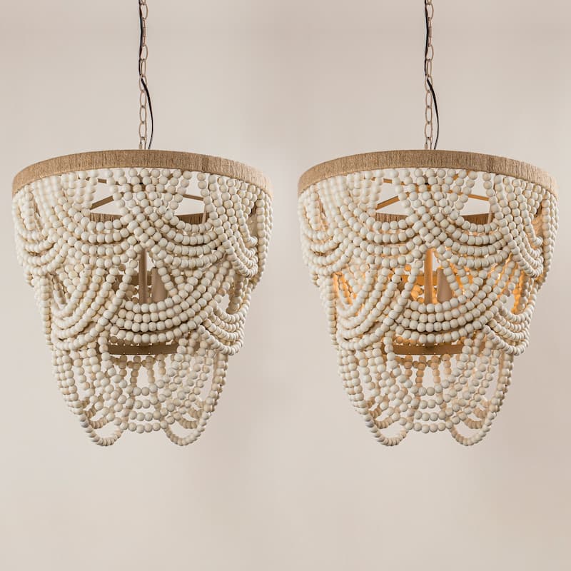Bohemia 4-Light Off-white Adjustable Distressed Beaded Pendant Chandelier - 19.7-in W x 21.7-in H
