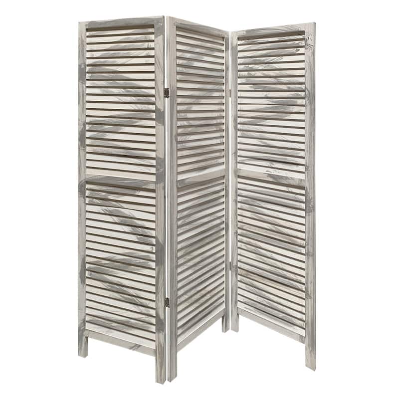 3 Panel Foldable Wooden Shutter Screen with Straight Legs, Gray