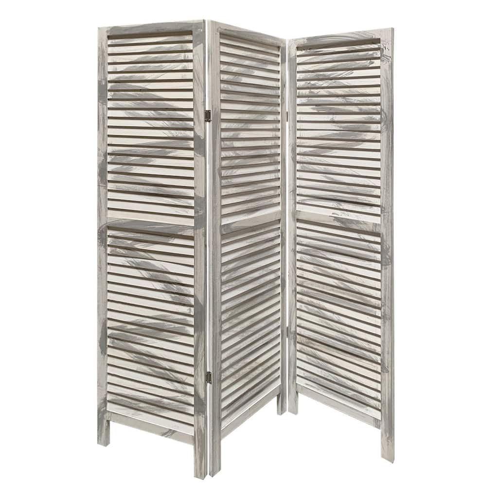 3 Panel Foldable Wooden Shutter Screen with Straight Legs, Gray
