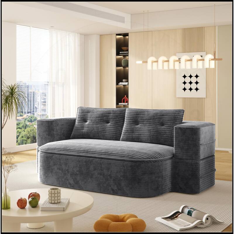78.7 " W 2-in-1 Plush Corduroy Foldable Sofa - Dark Grey