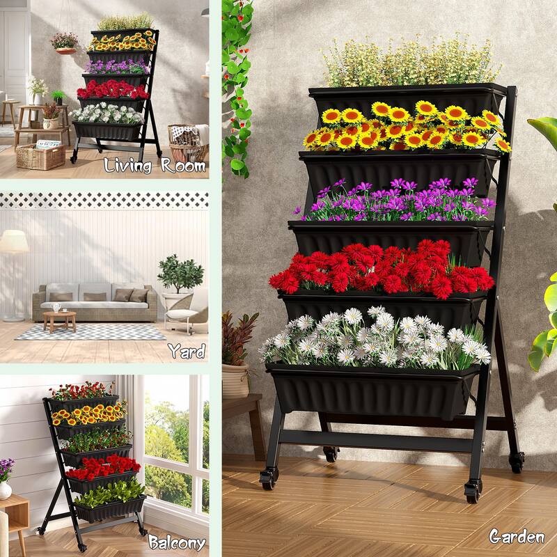 VECELO 5-Tier Rolling Plant Stand with Wheels Black Metal Tiered Plant Shelf with Removable Trays for Indoor Outdoor Garden Use