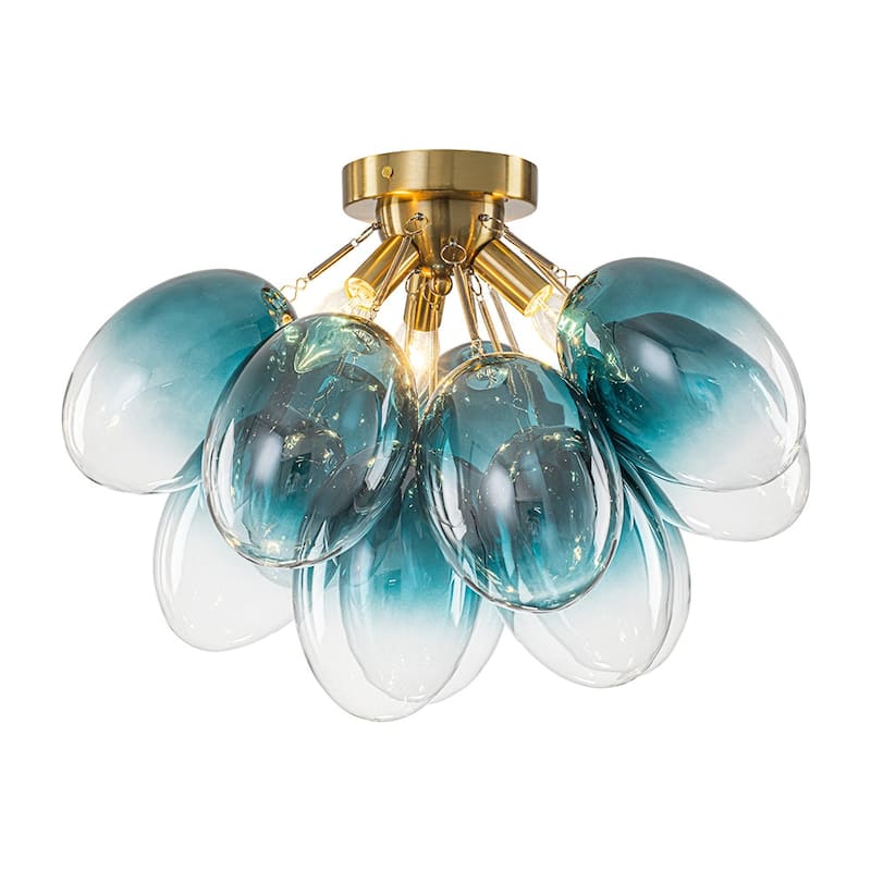 Cluster Blue Tinted Glass Globe Oval Bubble Semi Flush Chandelier