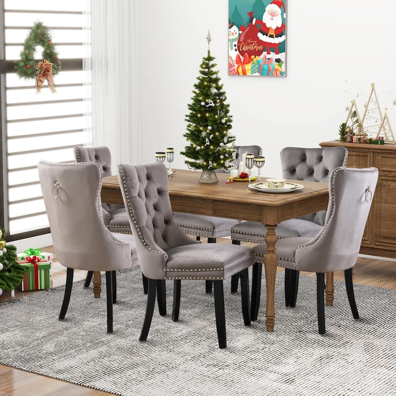 Dining Chairs Set of 6, Luxury Upholstered Velvet Kitchen Chairs Side Chair with Padded Seat Back and Solid Wood Legs - Grey