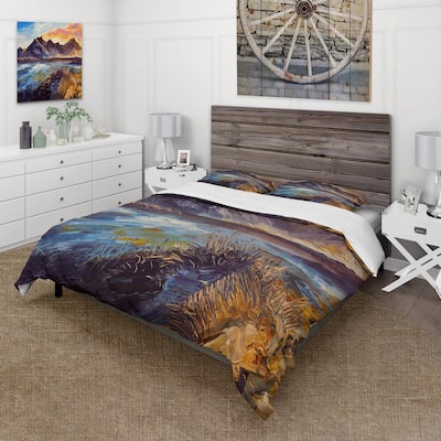 Designart 'Pink Sunset Over The Mountains By The Sea' Nautical & Coastal Duvet Cover Comforter Set